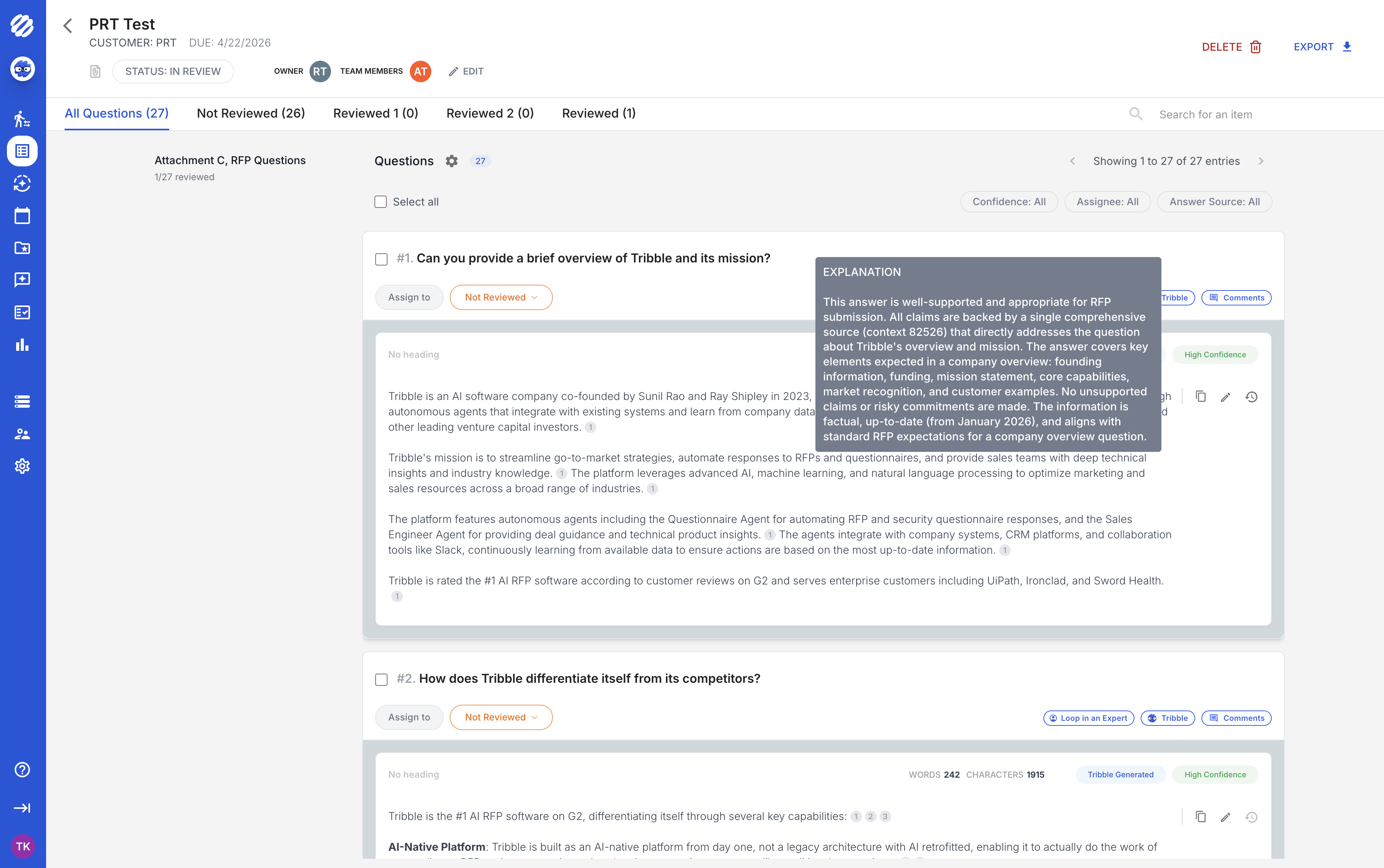 Tribble AI Proposal Automation showing AI-generated answer with confidence score and source citations